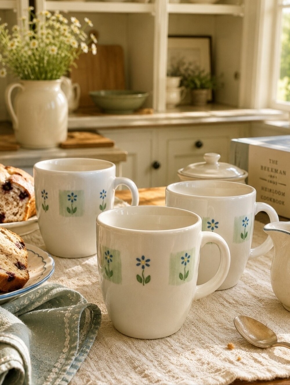 VTG Pfaltzgraff Cloverhill Floral Mug Set of 3 USA 1994 Blue Daisy Cottagecore